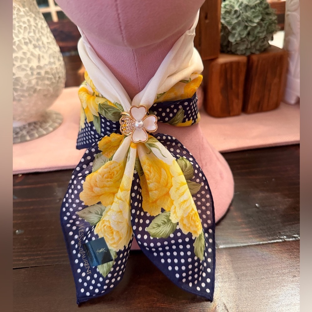 Vintage Yves Saint Laurent Yellow Floral & Navy Polka Dot Scarf in Original Box